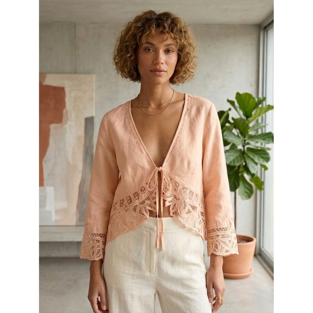 J. Jill Womens Peach Linen Crochet Trim Tie Front Coquette Long Sleeve Blouse S